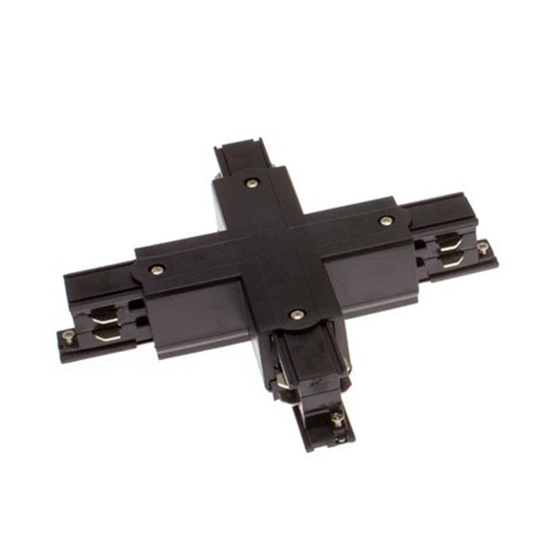 Conector en forma de X para unir y alimentar eléctricamente dos tramos de carril.