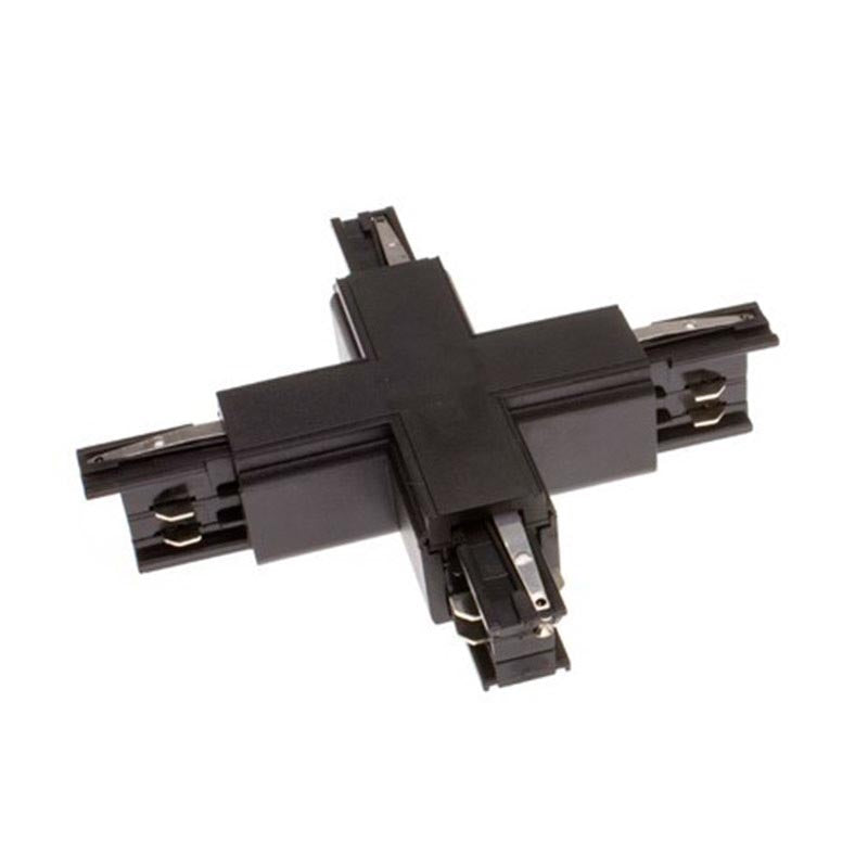 Conector en forma de X para unir y alimentar eléctricamente dos tramos de carril.