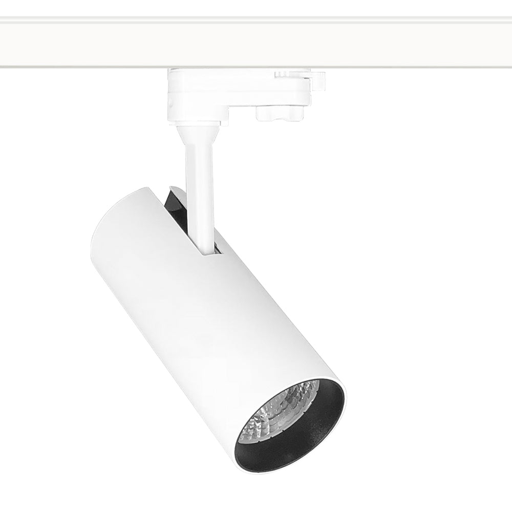 Foco para carril led con conector monofásico de calidad profesional con chip led OSRAM y driver certificado TUV con cuerpo en aluminio y lacado en color blanco mate, incluye conector a carril. CRI >90 que proporciona una luz espectacular.