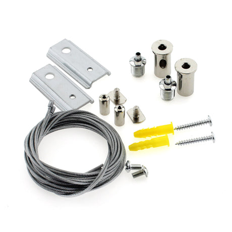 Kit que incluye 2 cables de suspensión de 2 metros y sus accesorios de conexión para suspender el carril magnético.