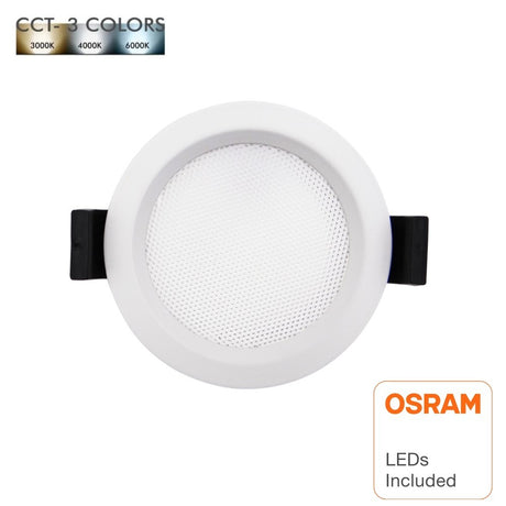 Luminaria TODO EN UNO. Downlight LED con selector de color de luz (cálida, neutra o fría), NO Flicker (sin parpadeos), Driver integrado con selector de potencia  5-8-12W, Sistema mejorado de disipación térmica.