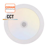 Luminaria TODO EN UNO. Downlight LED con chip led OSRAM con sensor PIR (detector de movimiento y luminosidad), selector de potencia 24W-22W-20W-18W y selector de color 2700K-3000K-4000K-5700K (4xCCT luz cálida, neutra o fría), NO Flicker (sin parpadeos).