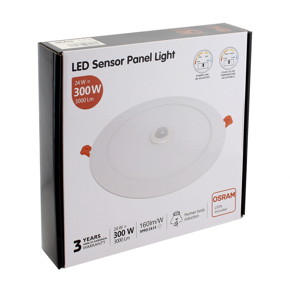 Luminaria TODO EN UNO. Downlight LED con chip led OSRAM con sensor PIR (detector de movimiento y luminosidad), selector de potencia 24W-22W-20W-18W y selector de color 2700K-3000K-4000K-5700K (4xCCT luz cálida, neutra o fría), NO Flicker (sin parpadeos).