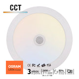 Luminaria TODO EN UNO. Downlight LED con chip led OSRAM con sensor PIR (detector de movimiento y luminosidad), selector de potencia 24W-22W-20W-18W y selector de color 3000K-4000K-6000K (3xCCT luz cálida, neutra o fría), NO Flicker (sin parpadeos).