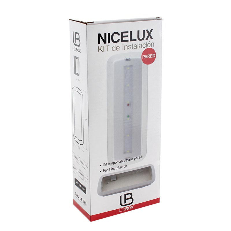 Kit que incluye todo lo necesario para adaptar la emergencia LED NICELUX e instalar de forma empotrada en la pared. Incluye marco y caja de empotrar en pared.