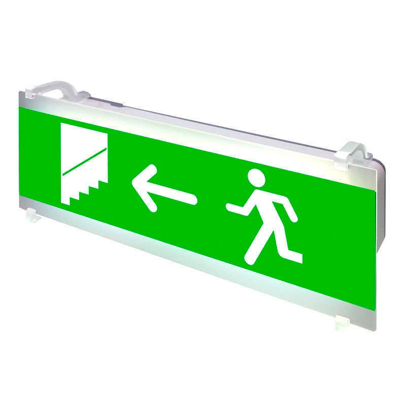 Señalización de fácil instalación para las luminarias led EMERLUX F415. Realizado en metacrilato traslúcido que ofrecen una comunicación visual que cumplen la función de guiar, orientar u organizar a una persona o conjunto de personas.