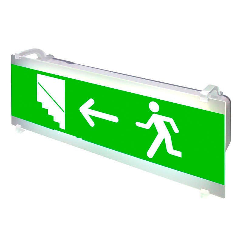 Señalización de fácil instalación para las luminarias led EMERLUX F415. Realizado en metacrilato traslúcido que ofrecen una comunicación visual que cumplen la función de guiar, orientar u organizar a una persona o conjunto de personas.
