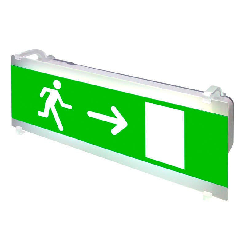 Señalización de fácil instalación para las luminarias led EMERLUX F415. Realizado en metacrilato traslúcido que ofrecen una comunicación visual que cumplen la función de guiar, orientar u organizar a una persona o conjunto de personas.