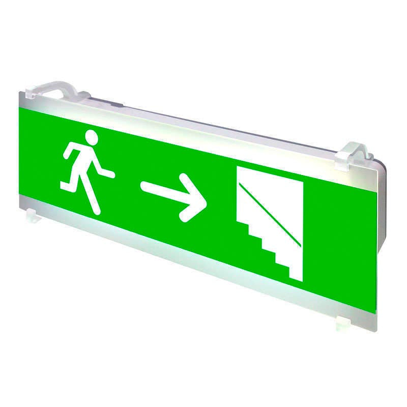 Señalización de fácil instalación para las luminarias led EMERLUX F415. Realizado en metacrilato traslúcido que ofrecen una comunicación visual que cumplen la función de guiar, orientar u organizar a una persona o conjunto de personas.
