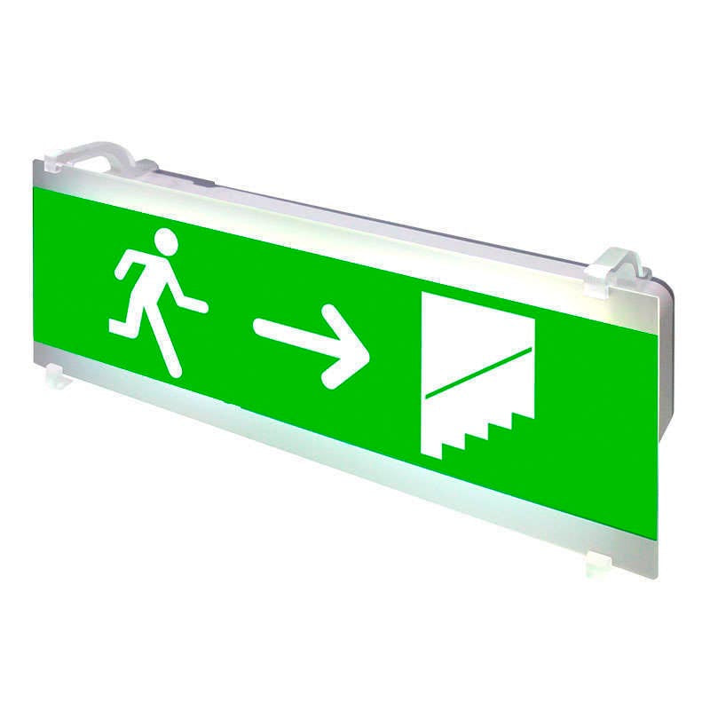 Señalización de fácil instalación para las luminarias led EMERLUX F415. Realizado en metacrilato traslúcido que ofrecen una comunicación visual que cumplen la función de guiar, orientar u organizar a una persona o conjunto de personas.