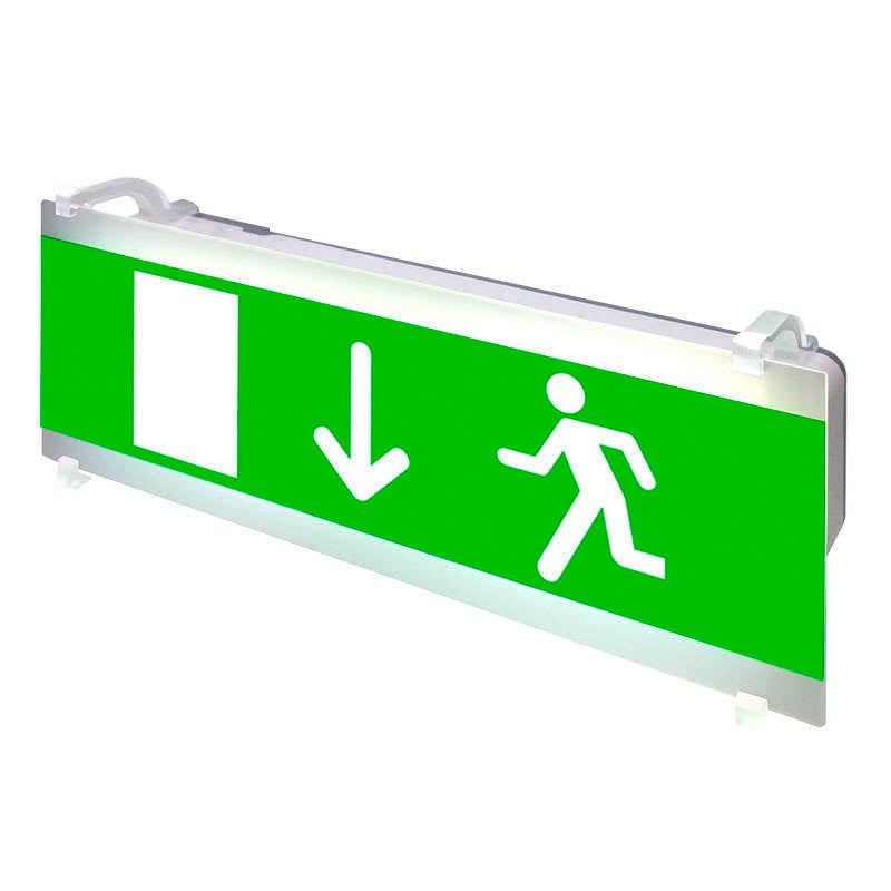 Señalización de fácil instalación para las luminarias led EMERLUX F415. Realizado en metacrilato traslúcido que ofrecen una comunicación visual que cumplen la función de guiar, orientar u organizar a una persona o conjunto de personas.