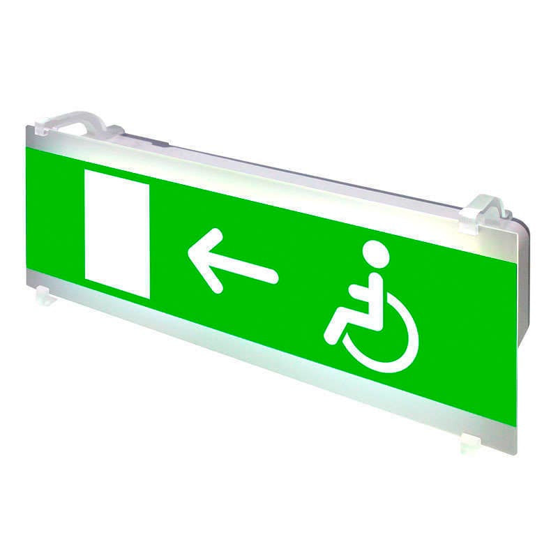 Señalización de fácil instalación para las luminarias led EMERLUX F415. Realizado en metacrilato traslúcido que ofrecen una comunicación visual que cumplen la función de guiar, orientar u organizar a una persona o conjunto de personas.