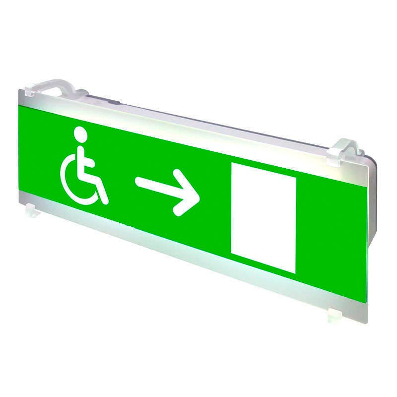 Señalización de fácil instalación para las luminarias led EMERLUX F415. Realizado en metacrilato traslúcido que ofrecen una comunicación visual que cumplen la función de guiar, orientar u organizar a una persona o conjunto de personas.