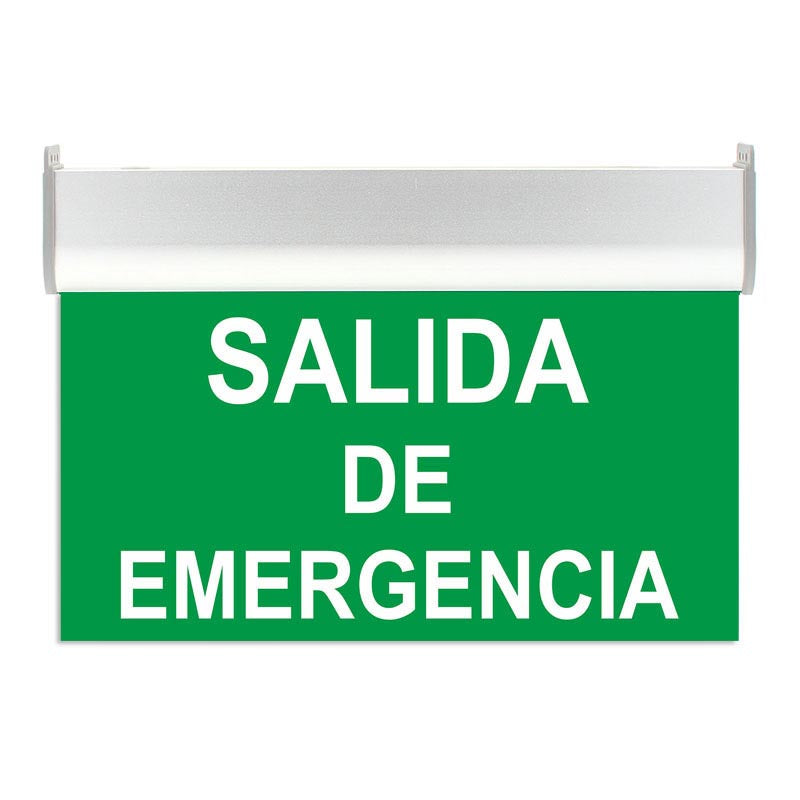 Luz de señalización con tecnología LED. Ofrece Luz de forma permanente iluminando la señalética en todo momento. Con metacrilato óptico personalizado con la señalética o textos que necesites en metacrilato fresado o vinilado en cualquier color. También cumple las funciones de lumianria de emergencia permanente.
