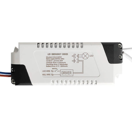 Módulo de emergencia con batería recargable para proporcionar energía en caso de fallo eléctrico para luminarias Led de 3 a 50W con un 30% de potencia en caso de fallo en el suministro de electricidad.