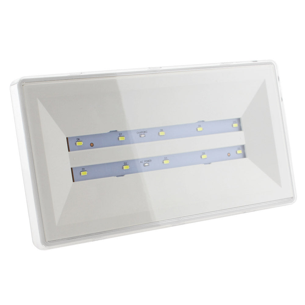 Luminaria LED de emergencia de alta calidad para instalar en superficie o empotrada, más de 180 minutos de autonomía con su batería recargable de Ni-Cd. Configurable como Modo permanente y No permanente. Luz para señalización de salidas, puertas, ascensores, zonas de paso o comunes.