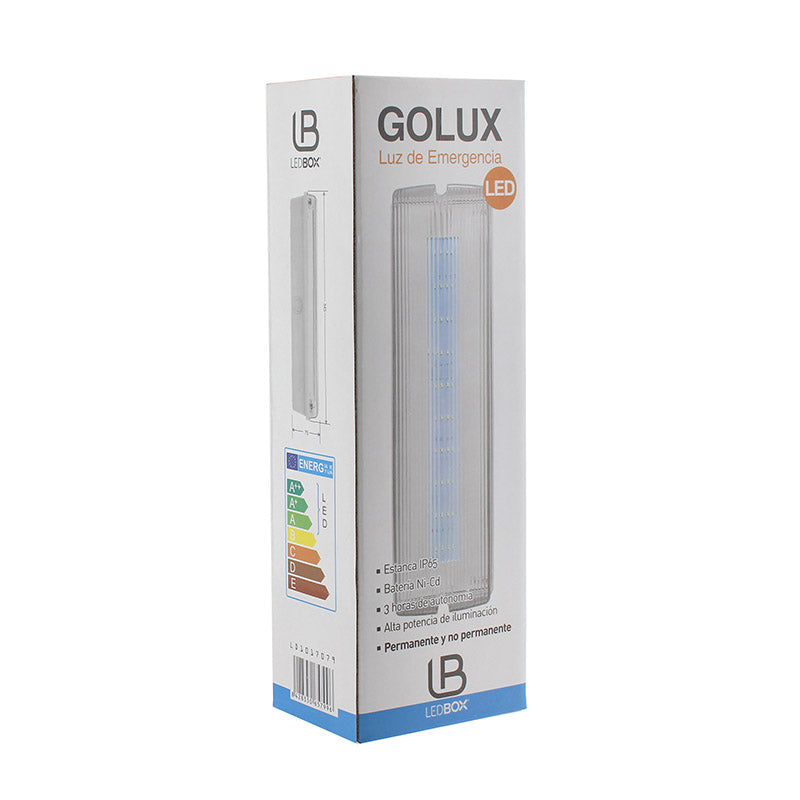 Luminaria LED de emergencia con Auto Diagnóstico de alta calidad resistente al agua con protección IP65. Más de 180 minutos de autonomía con su batería recargable de Ni-Cd. Configurable como Modo permanente y No permanente. Luz para señalización de salidas, puertas, ascensores, zonas de paso o comunes.