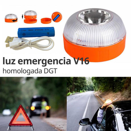 La Luz de Emergencia V16 para Vehículos Homologada DGT es una baliza con luz de alta intensidad, base magnética y resistente al agua. La luz de emergencia V16 se trata de un pequeño dispositivo que se fija al techo del vehículo y emite una luz de color ámbar, visible a gran distancia (hasta 1000m) y cuyo destello es giratorio y secuencial. Es el sustituto o complemento de los triángulos de emergencia de vehículos inmovilizados en una vía pública. También incluye función de linterna con luz blanca de alta in