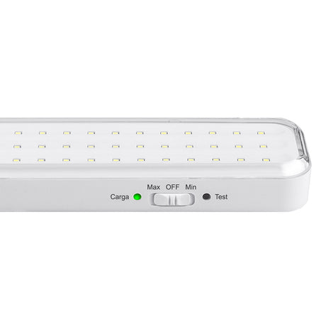 Luz LED de emergencia de máxima eficiencia, hasta 6 horas de autonomía con su batería recargable Li-ion, control de intensidad y test. Luz blanca y dos modos de intensidad lumínica. Incorpora 60 led SMD2835. Luz para señalización de salidas, puertas, ascensores, zonas de paso o comunes.