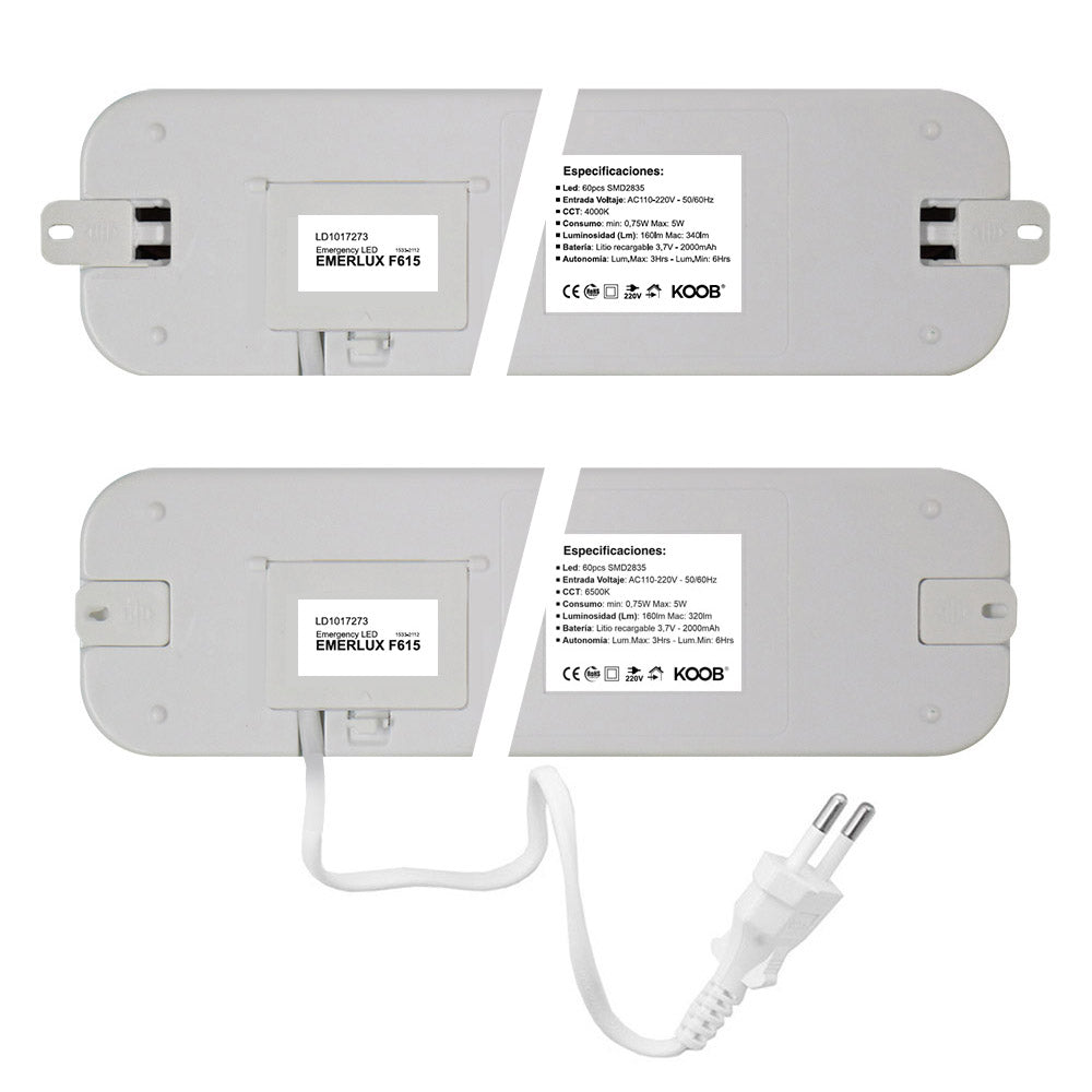 Luz LED de emergencia de máxima eficiencia, hasta 6 horas de autonomía con su batería recargable Li-ion, control de intensidad y test. Luz blanca y dos modos de intensidad lumínica. Incorpora 60 led SMD2835. Luz para señalización de salidas, puertas, ascensores, zonas de paso o comunes.