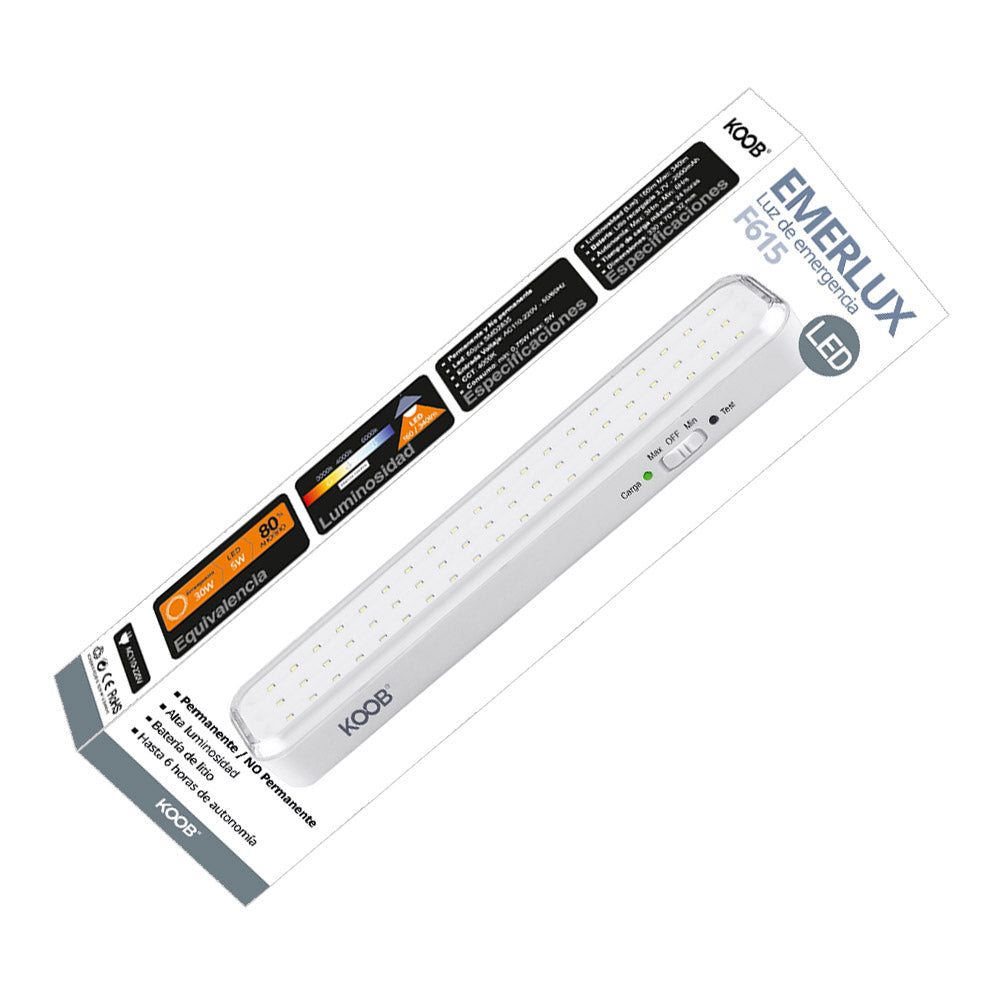 Luz LED de emergencia de máxima eficiencia, hasta 6 horas de autonomía con su batería recargable Li-ion, control de intensidad y test. Luz blanca y dos modos de intensidad lumínica. Incorpora 60 led SMD2835. Luz para señalización de salidas, puertas, ascensores, zonas de paso o comunes.