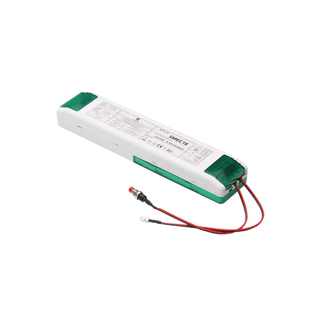 Módulo de emergencia con batería recargable y sustituible de Litio de gran capacidad que proporciona energía en caso de fallo eléctrico para luminarias Led de 3 a 55W con un 30% de potencia en caso de fallo en el suministro de electricidad. Salida voltaje DC 9-80V
