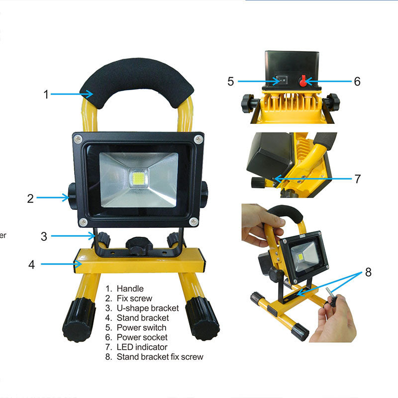 Proyector led de alta luminosidad con batería de litio recargable y soporte, Iluminación eficaz en cualquier situación.