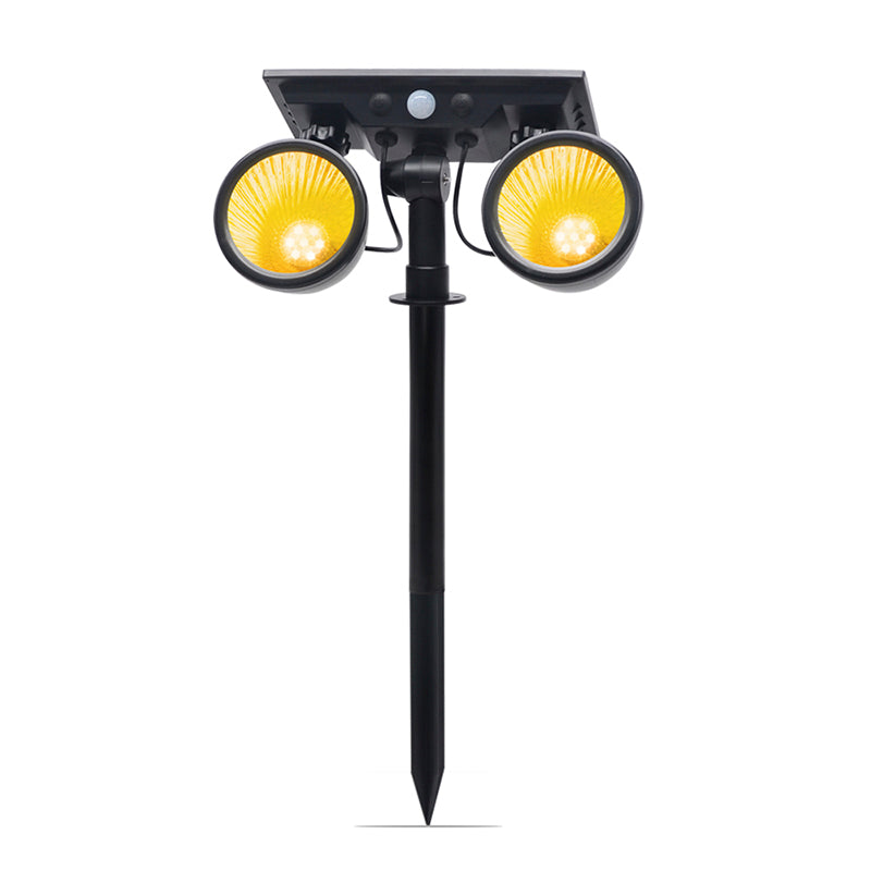 Foco doble de jardín con 10W de potencia y placa LED solar con batería integrada. Ideal para jardines, patios, caminos, bordes, estanques, entradas. etc. Con selector de color de luz blanco cálido o frío y sensor crepuscular.