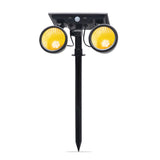 Foco doble de jardín con 10W de potencia y placa LED solar con batería integrada. Ideal para jardines, patios, caminos, bordes, estanques, entradas. etc. Con selector de color de luz blanco cálido o frío y sensor crepuscular.