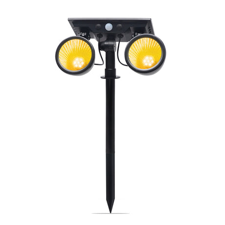 Foco doble de jardín con 10W de potencia y placa LED solar con batería integrada. Ideal para jardines, patios, caminos, bordes, estanques, entradas. etc. Con selector de color de luz blanco cálido o frío y sensor crepuscular.