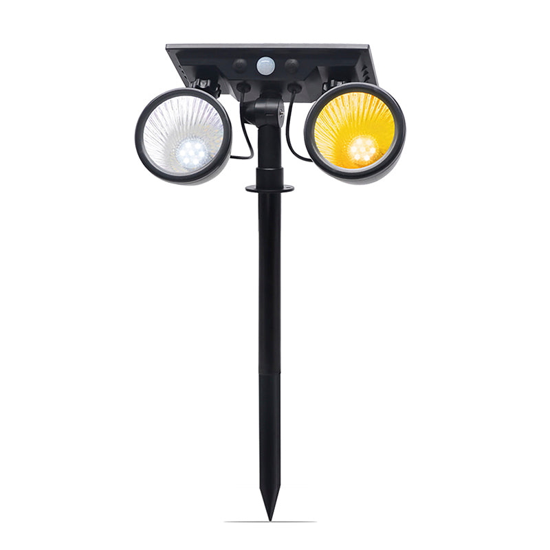 Foco doble de jardín con 10W de potencia y placa LED solar con batería integrada. Ideal para jardines, patios, caminos, bordes, estanques, entradas. etc. Con selector de color de luz blanco cálido o frío y sensor crepuscular.