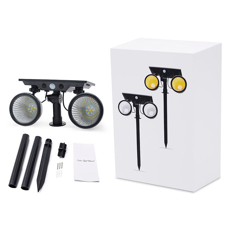 Foco doble de jardín con 10W de potencia y placa LED solar con batería integrada. Ideal para jardines, patios, caminos, bordes, estanques, entradas. etc. Con selector de color de luz blanco cálido o frío y sensor crepuscular.