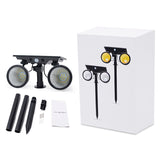 Foco doble de jardín con 10W de potencia y placa LED solar con batería integrada. Ideal para jardines, patios, caminos, bordes, estanques, entradas. etc. Con selector de color de luz blanco cálido o frío y sensor crepuscular.