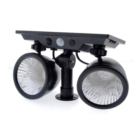 Foco doble de jardín con 10W de potencia y placa LED solar con batería integrada. Ideal para jardines, patios, caminos, bordes, estanques, entradas. etc. Con selector de color RGB y Luz blanca. Con sensor crepuscular.