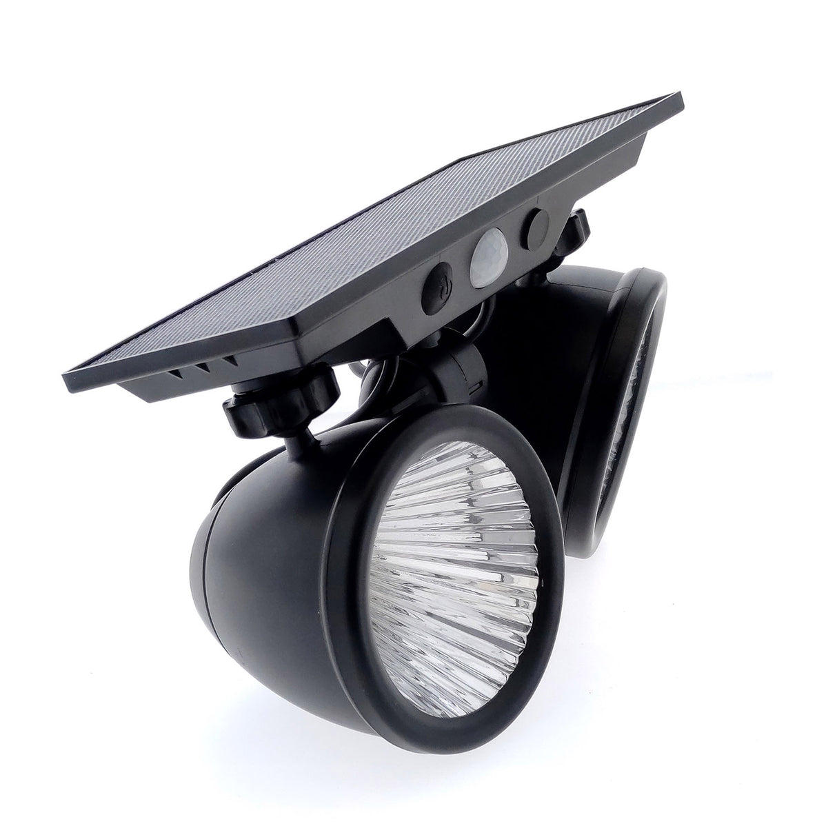 Foco doble de jardín con 10W de potencia y placa LED solar con batería integrada. Ideal para jardines, patios, caminos, bordes, estanques, entradas. etc. Con selector de color RGB y Luz blanca. Con sensor crepuscular.