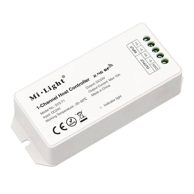 Controlador inalámbrico 2.4Ghz RF, de bajo consumo, anti-interferencias y transmisión a larga distancia. Compatible con WiFi App IOS o Android (necesita iBox) y DMX512 (necesita transmisor DMX). Función de transmisión automática y sincronización automática. Compatible con todos los productos de tecnología SYS.