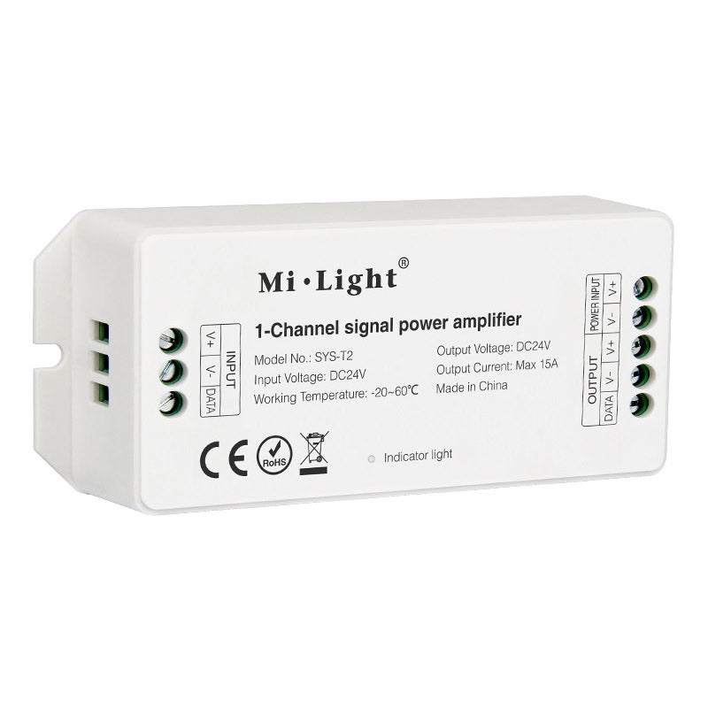 Amplificador para el sistema SYS. En combinación con el controlador SYS-T1 permite ampliar la instalación al doble de capacidad consiguiendo realizar instalaciones con un número ilimitado de luminarias compatibles son el sistema SYS.