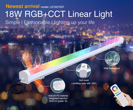 Luminaria lineal RGB + CCT para la iluminación general y decorativa. Estos led lineales producen una distribución de luz precisa y uniforme. Control RF, WiFi o Alexa.