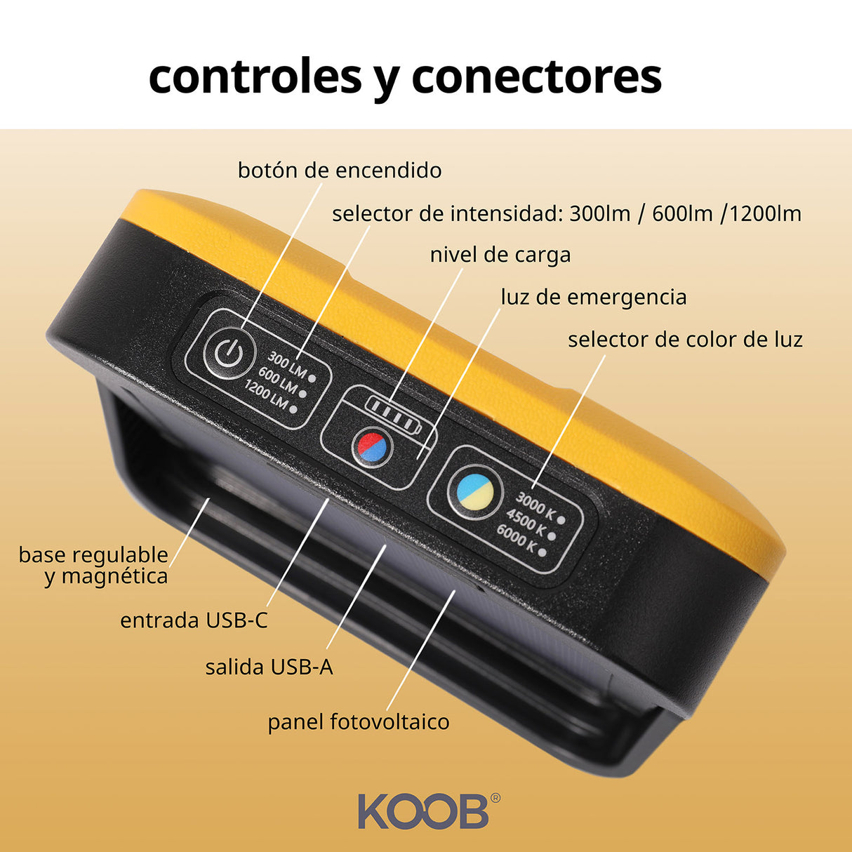 Todo en uno y multifunción: Carga por panel solar integrado o cable USB-C. Power bank para recarga de otros dispositivos. Selector de color de luz y de nivel de intensidad. Luz de emergencia. Indicador de carga de batería. Soporte ajustable y magnético.