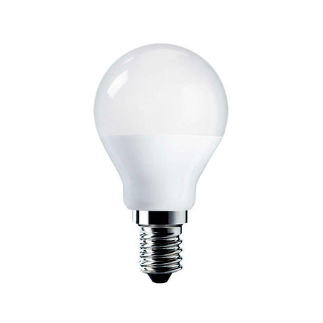 Bombilla LED tipo globo con acabado frost para casquillos convencionales E14. Ahorro de hasta el 90% en su consumo de luz.