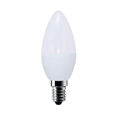 Bombilla LED tipo vela (candle) con acabado frost para casquillos convencionales E14. Ahorro de hasta el 90% en su consumo de luz.