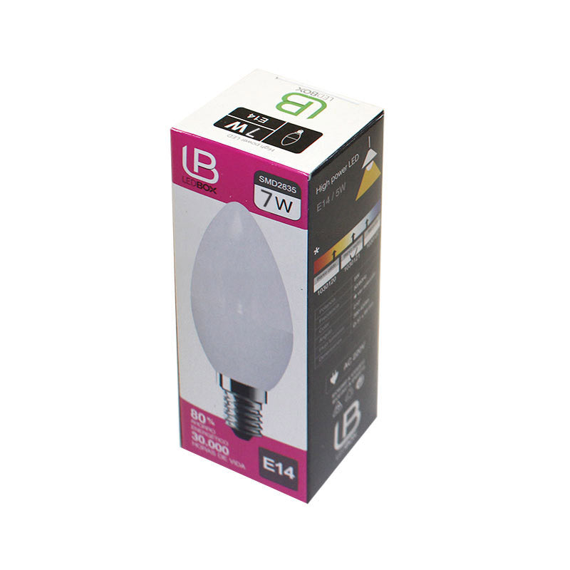 Bombilla LED tipo vela (candle) con acabado frost para casquillos convencionales E14. Ahorro de hasta el 90% en su consumo de luz.