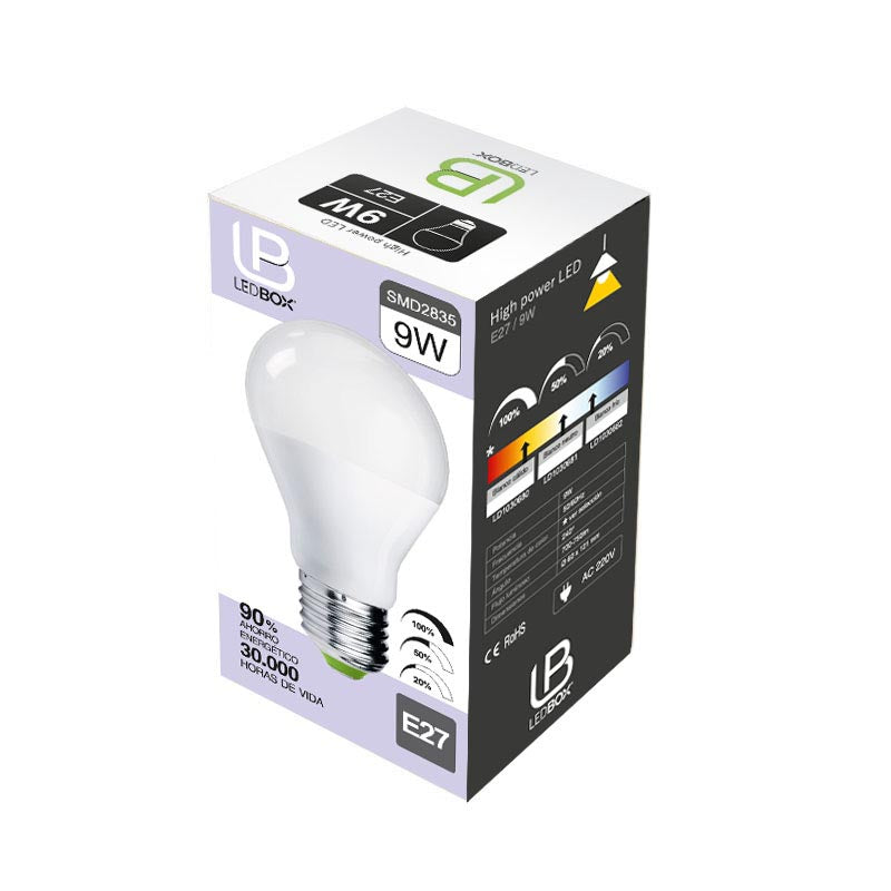 Bombilla LED con regulación de intensidad para casquillos o bases convencionales E27. No necesita regulador externo. Con cada pulsación del interruptor cambia la intensidad de iluminación 100-50-20%. Alta potencia lumínica, ahorro de hasta el 90% en su consumo de luz.