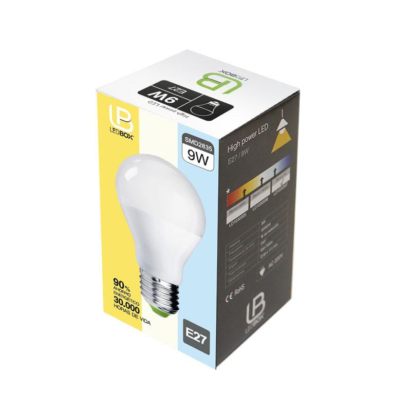 Bombilla LED con regulación de temperatura de color de luz para casquillos o bases convencionales E27. No necesita regulador externo. Con cada pulsación del interruptor cambia la temperatura de color 3000K blanco cálido - 4000K blanco neutro - 6000K blanco frío. Alta potencia lumínica, ahorro de hasta el 90% en su consumo de luz.