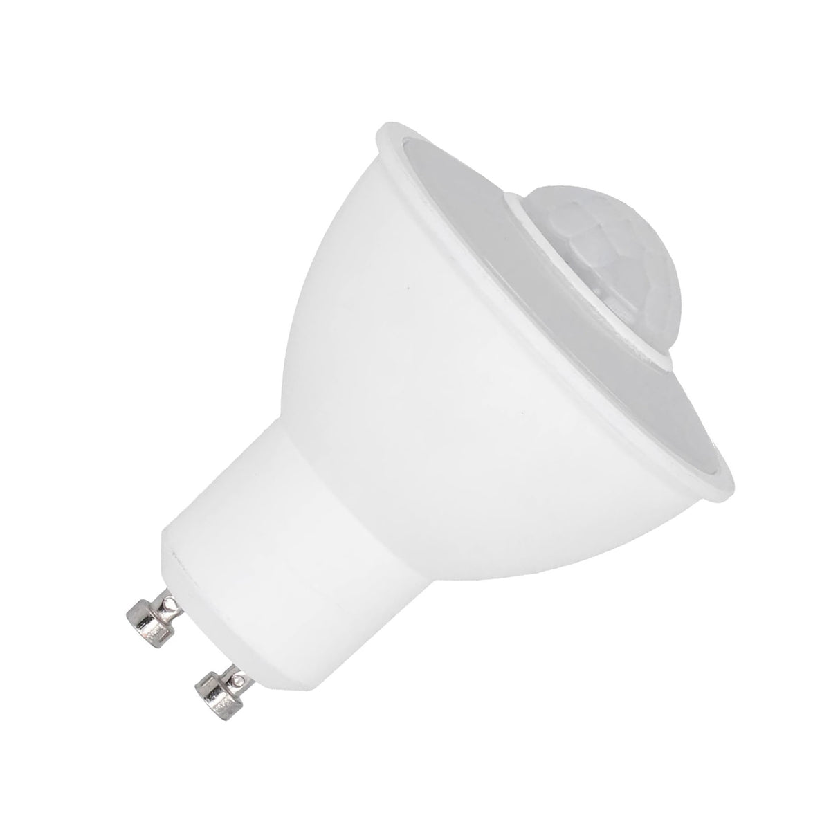 Bombilla LED tipo dicróica de base GU10 de alta potencia lumínica con sensor incorporado de movimiento PIR. Se enciende automáticamente cuando detecta movimiento y se apaga automáticamente al cabo de 20-25 segundos. Ahorro de hasta el 90% en su consumo de luz.