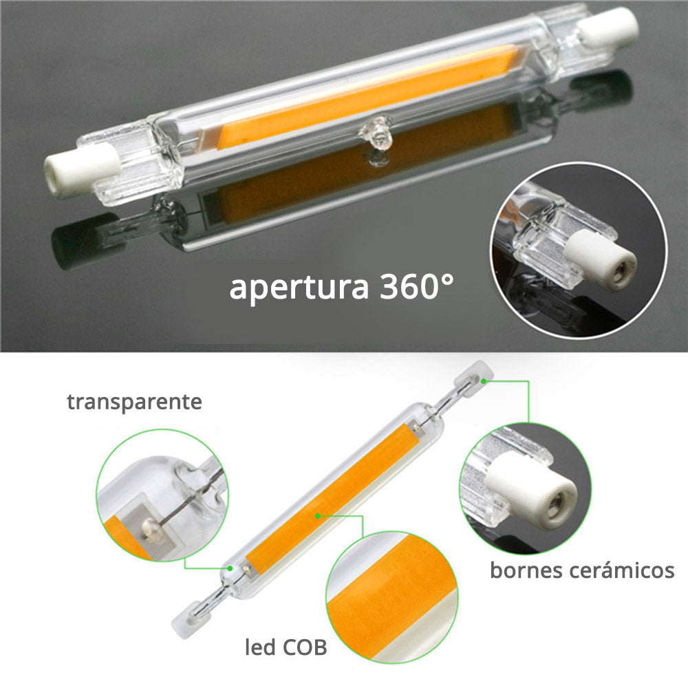 Bombilla LED con conectores R7S con encapsulado de cristal usada para sustituir a las halógenos lineales, disponen de un amplio ángulo de proyección y gran potencia lumínica con un mínimo consumo y mínima emisión de calor.