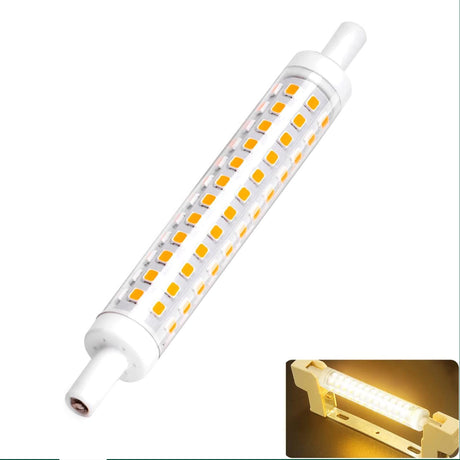 Bombilla LED con conectores R7S con encapsulado de cristal usada para sustituir a las halógenos lineales, disponen de un amplio ángulo de proyección y gran potencia lumínica con un mínimo consumo y mínima emisión de calor.