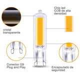 Bombilla LED de base G9 con chip led COB. Puede sustituir bombillas tipo bi-pin o mini bombillas G9 con la misma intensidad de luz consiguiendo un ahorro de más del 80%. Se emplea en espacios muy reducidos y no desprenden calor.