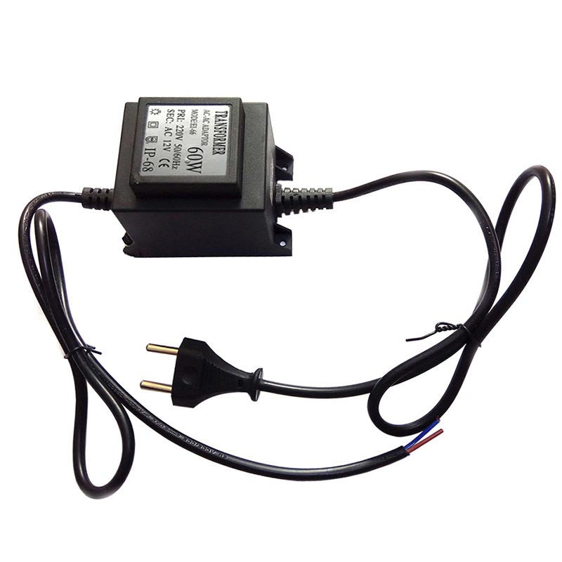 Transformador  de corriente  220V y salida 12V de tipo AC, 60W de potencía máxima y protección IP68. Para lámpara de piscina tipo PAR56 y otras luminarias que requieran entrada 12V AC.