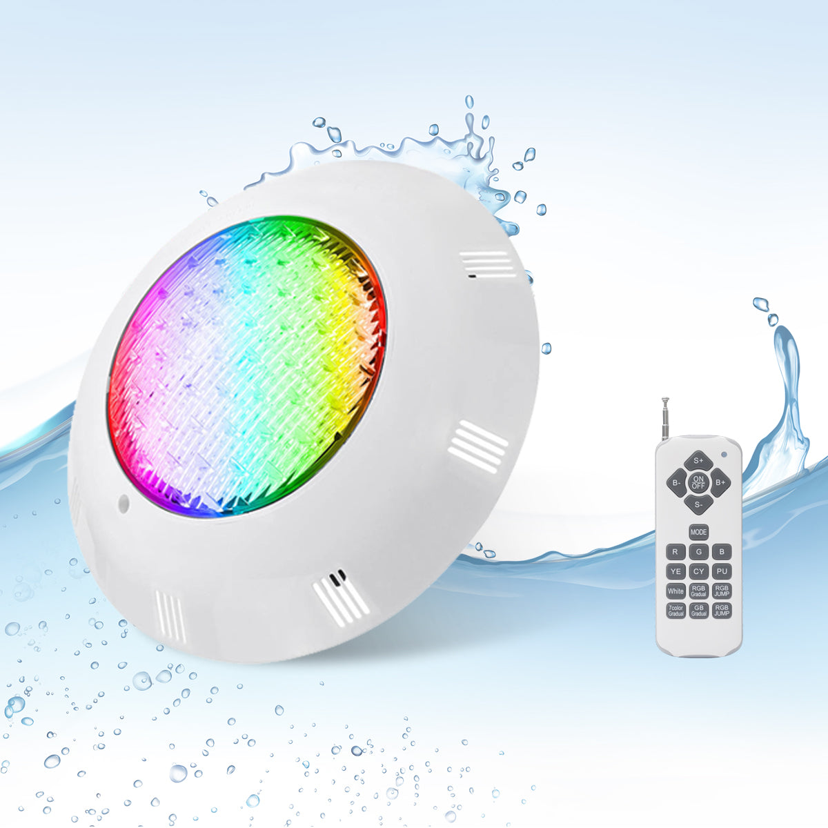 Lámpara LED RGB+blanco neutro 4000K de superficie con cuerpo de ABS y protección IP68 con mando a distancia incluido. Diseñada para la iluminación de piscinas, fuentes, estanques, etc.. Alta tecnología led que ofrecen una excelente iluminación y un ahorro del 90% de consumo eléctrico. Mayor resistencia con su cuerpo de alta resistencia. Incorpora controlador RGB interno y mando a distancia para su control. Tiene efecto memoria manejando con el mando.